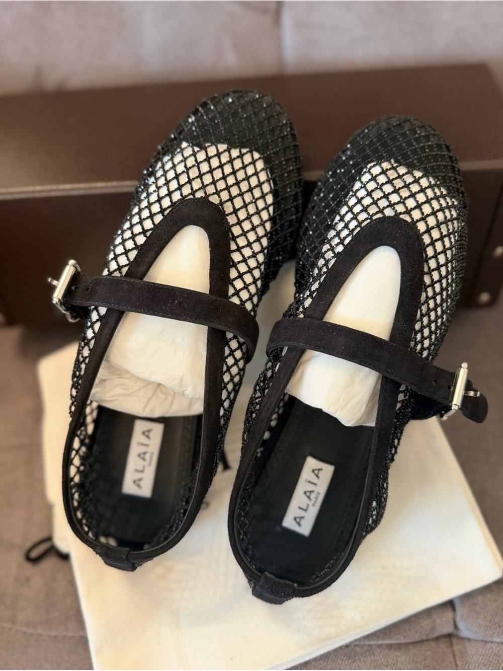 Alaia Black Mesh Mary Jane Flats with Suede Strap